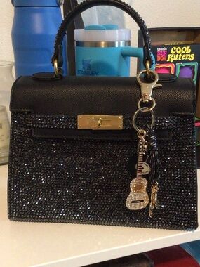 Black Sparkle Top-Handle Women's Bag with Gold Hardware